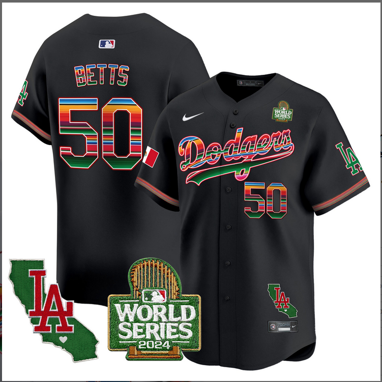 Men MLB Mexico Los Angeles Dodgers 50 betts black 2024 World Series Champions Patch Jersey 2024110